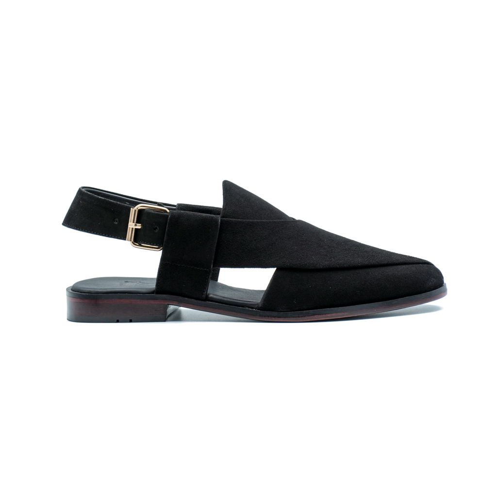 KHAN THE BRAND Torkham Step Ahead shoe in black, showing front view with laces and stylish design details.