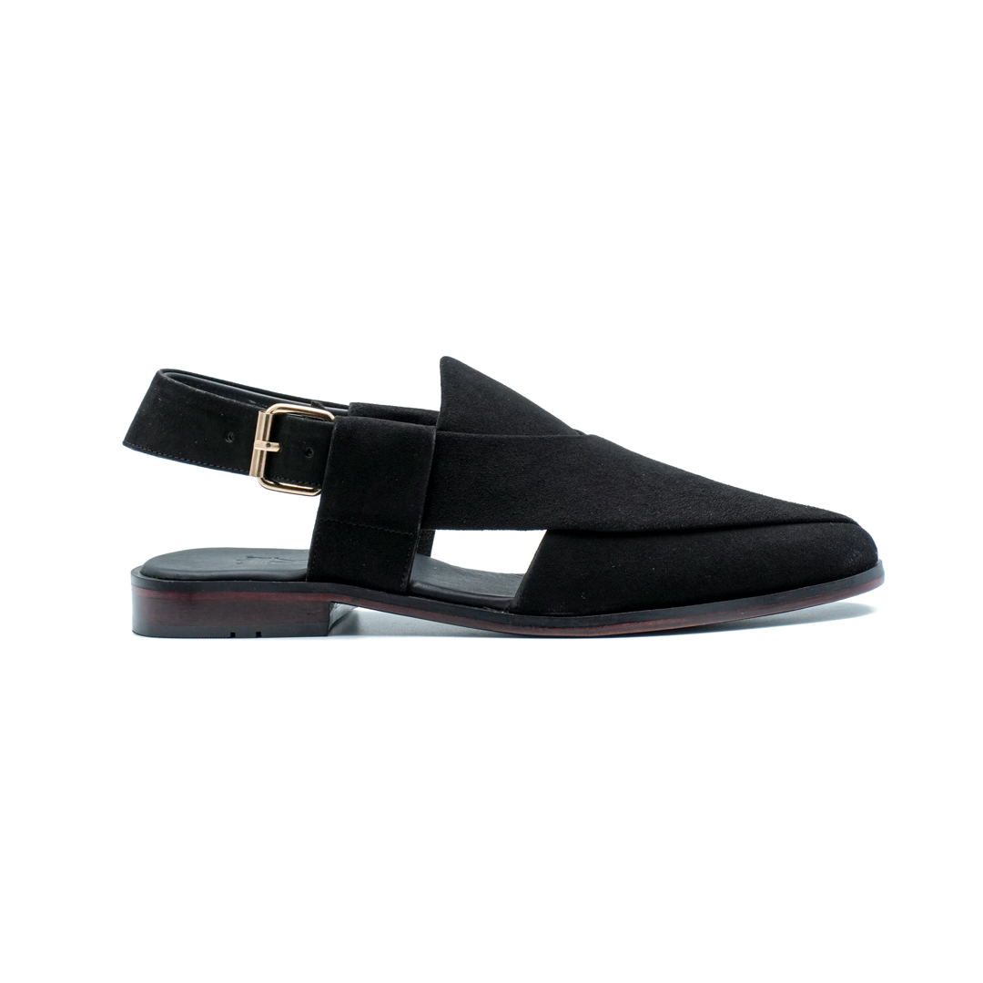KHAN THE BRAND Torkham Step Ahead shoe in black, showing front view with laces and stylish design details.